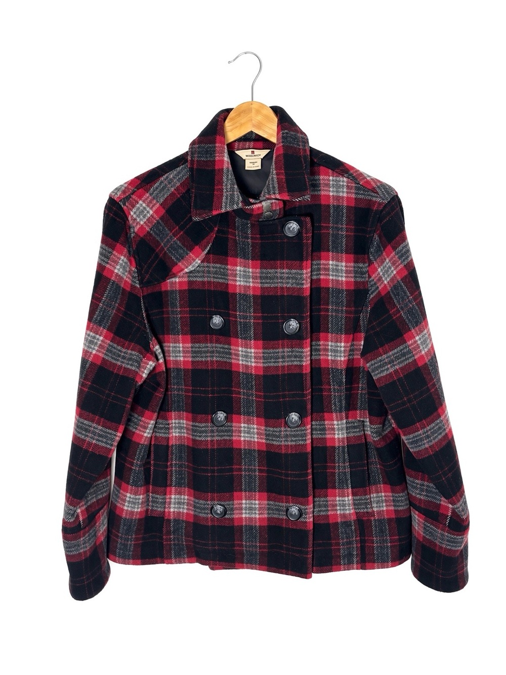 Woolrich Plaid Wool Blend Peacoat Jacket Red Black Double Breasted M Fall